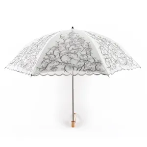 Elegant white double layer lace embroidered sun umbrella with solid wood handle for women UV protection