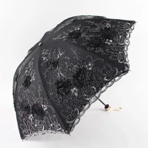 Vue de détail en gros plan d'un élégant parapluie de soleil noir avec broderie argentée.
