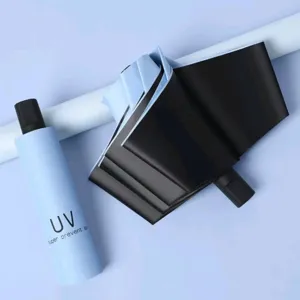 Detailed view of the black vinyl UV sun umbrella featuring a compact light blue capsule case.
