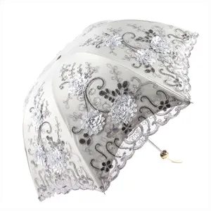 Parapluie Pliant pour Femmes avec Protection UV Broderie de Dentelle Double Couche Noire Parapluie Solaire et de Pluie