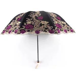 Three fold lace double layer embroidered umbrella UV protection black glue sun rain parasol