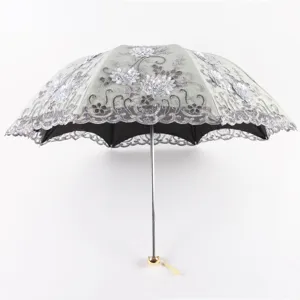 Élégant parapluie de soleil pliant en dentelle avec protection UV en vinyle noir.