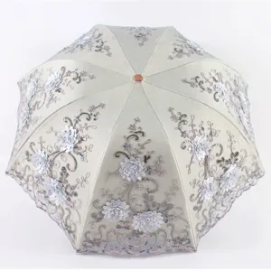 Parapluie pliante élégant avec broderie et dentelle, protection UV efficace.