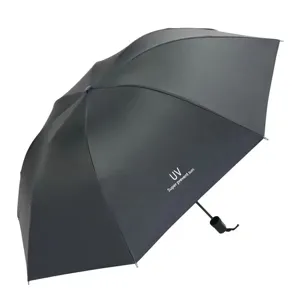 Compact black UV protection folding sun umbrella for daily use, portable three-fold manual design.