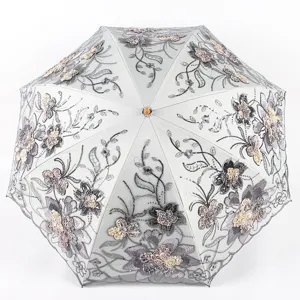 Elegant embroidered lace folding sun umbrella with UV protection and exquisite floral patterns.