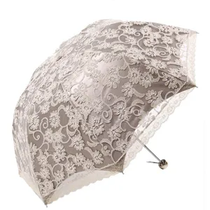 Parapluie Pliant Protection Solaire Anti-UV pour Femmes en Dentelle Brodée Colle Noire Imperméable Parasol Compact