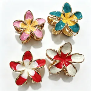 Set di 4 mollette per capelli a forma di fiore plumeria in metallo smaltato, accessori chic.