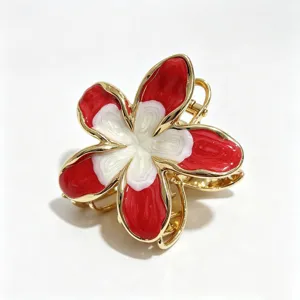 Molla per capelli a forma di fiore di frangipani rosso bianco accessorio dorato elegante.