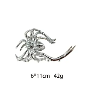 Silver metal spider hair claw clip detailed view, gothic hair styling accessory 6x11cm
