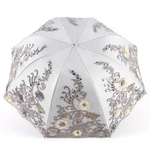 Elegant three-fold lace embroidered sun umbrella with UV protection black coating.