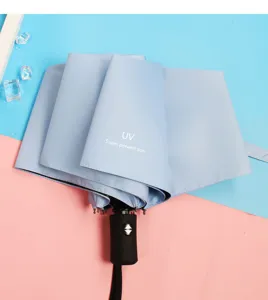 Primo piano di un ombrello solare UV automatico e pieghevole con manico nero e rivestimento.