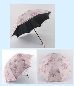 Detailed view of the triple-fold floral umbrella with double lace edge and black lining.