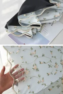 Three fold lace embroidered parasol uv protection sun umbrella with double layer mesh fabric.