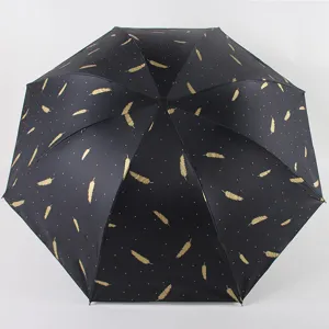 Compact Three Fold Umbrella UV Protection Sun Umbrella Rainproof Black Glue Pongee Feather Grid Pattern Folding Umbrella