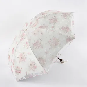 Parapluie de Soleil Protection UV pour Femmes Double Couche Dentelle Brodé Soleil Pluie Double Usage Parasol Pliant avec Sac Portable