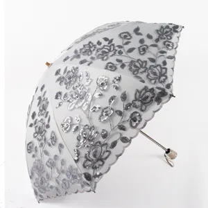 Parapluie Solaire Pliant pour Femmes Protection UV Parasol Double Couche Broderie Dentelle Colle Noire Luxe