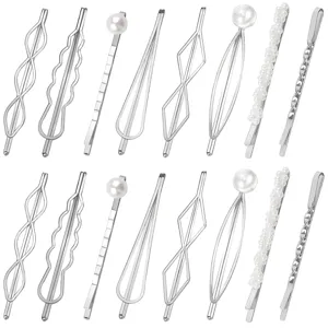 Silver geometric pearl hair clips detail view, stylish metal bobby pin set for daily styling.