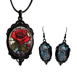 Gothic Vintage Raven Rose Witch Bat Necklace And Earrings Set Alloy Crystal Glass Dark Aesthetic Jewelry Gift