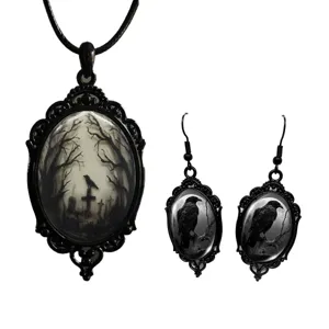 Gothic raven cameo jewelry set featuring vintage black filigree pendant necklace and matching earrings.