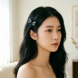 Close-up detail shot of a stylish black crystal bow hair clip worn elegantly on dark hair.