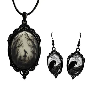 Gothic raven graveyard glass cabochon pendant necklace and matching earrings jewelry set.