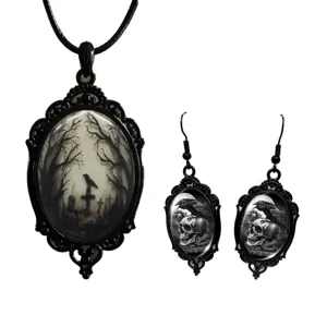 Gothic black vintage crow skull glass cabochon pendant necklace and earrings jewelry set.