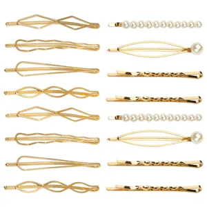 Gold geometric hair clip set with pearls, elegant vintage hairpins for women daily styling.