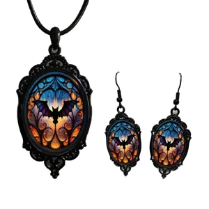 Gothic bat necklace earrings set crystal glass cameo vintage jewelry detailed view display