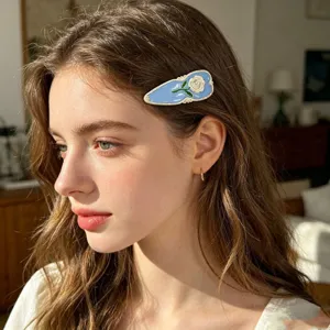 French vintage blue rose enamel hair clip side bobby pin elegant girl hair accessory detail