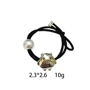 Black hair tie with cute metal bear charm and large pearl bead, stylish hair accessory for women.