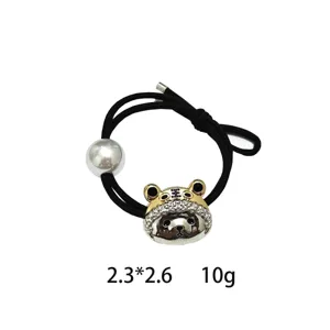 Cute metal bear hair tie with pearl and rhinestones, stylish black elastic hair band.