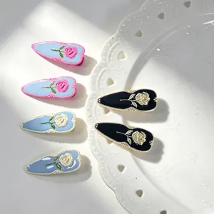 French vintage enamel rose hair clip elegant side snap accessory for women and girls style.