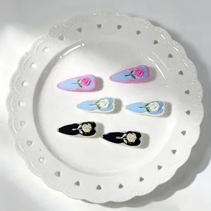 French vintage rose enamel hair clips set, elegant side snap clips for women and girls