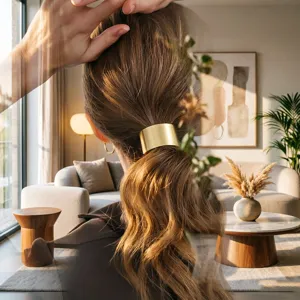 Minimalistische gouden metalen paardenstaart houder voor stijlvolle haaraccessoires look.