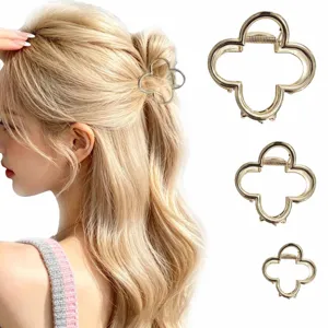 Gold Alloy Four-Leaf Clover Hair Claw Clip Minimalist Wavy Metal Shark Clip Elegant Hair Catch Barrette For Women Girls