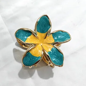 Molla per capelli plumeria smalto blu giallo fiore forcina metallo accessori capelli