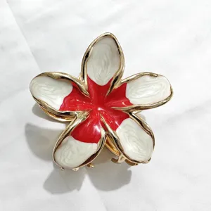 Elegante molletta per capelli plumeria bordo dorato, accessorio rosso e bianco donna.