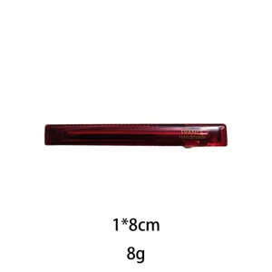Detail view of red transparent hair clip, showing material texture and precise size specs.