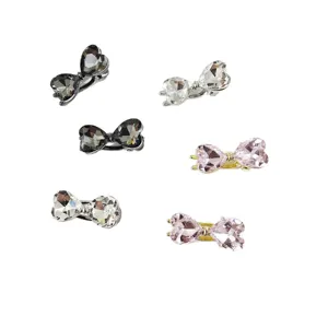 Sparkling crystal double heart hair clips set, sweet bow rhinestone duckbill hair accessories.