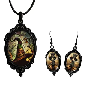 Gothic Halloween black alloy pendant necklace and matching drop earrings jewelry set.