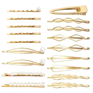 Gold hair clips set featuring geometric shapes and pearl decorations for women and girls.