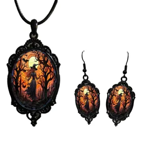 Gothic witch moon necklace earrings set, detailed vintage black hollow carved jewelry design.