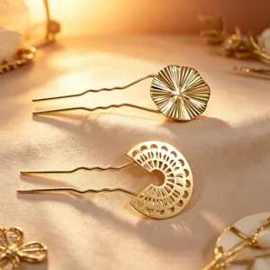 Gold alloy U-shaped hairpins feature elegant hammered and hollow cutout designs for chic buns.