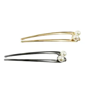 Metal U-shaped hair fork with faux pearls, elegant hairpin bun maker for women styling.