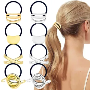 Metal Hair Ties Gold Silver Geometric Ponytail Holder Elastic Hair Bands Rubber Rings
