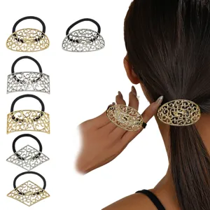 French Vintage Hollow Geometric Alloy Hair Ties For Women Gold Silver Electroplated High Elastic Rubber Band Hair Ring Elegant Flower Bowknot Rhinestone Headwear