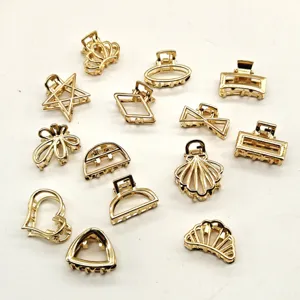 Set of mini gold metal hair claw clips, cute geometric and shell shapes for women styling.