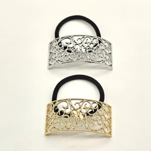 Elegant filigree geometric metal hair tie, French retro elastic hair band for women.
