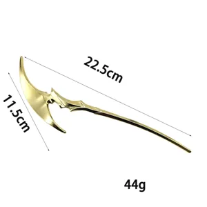 Gold alloy axe hair stick detail view, gothic Halloween hairpin accessory for women and girls.