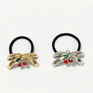 Alloy hair tie with shiny cross bow and cute cherry pendant, elegant hair accessory.